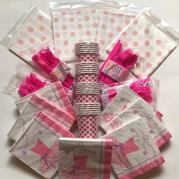 Pink Party Bundle, Pink, Purple & White, Napkins, Cups, Cutlery, Tablecovers - Picture 1 of 4